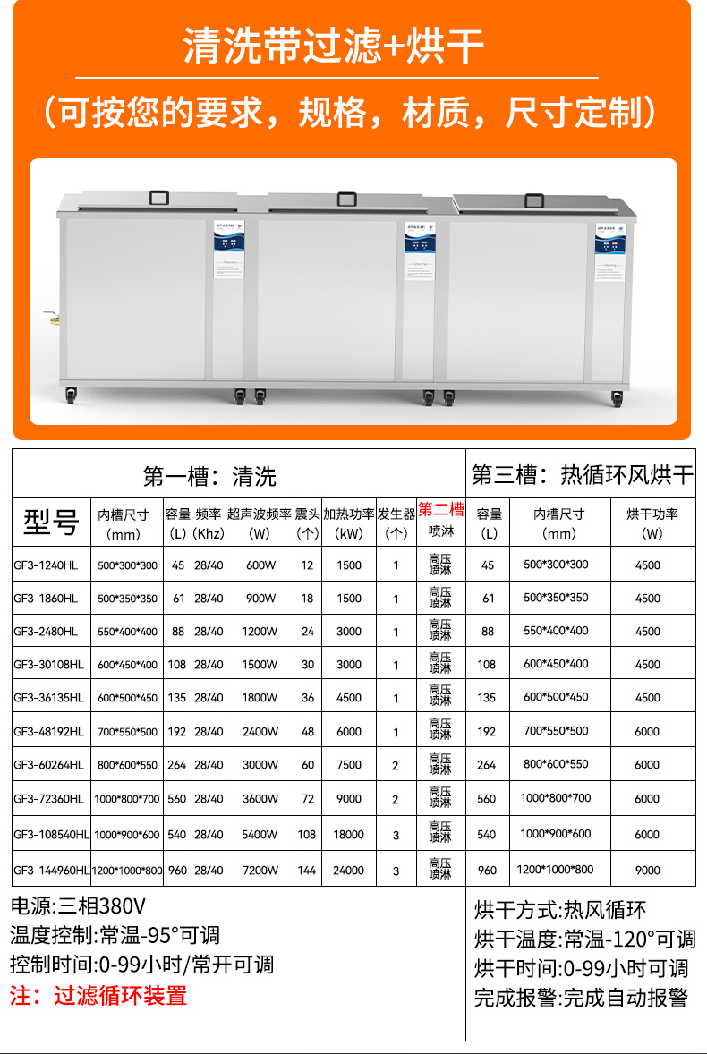 冠博仕GF1240HL三槽超聲波清洗機 | 45L/600W | 大型工業(yè)過濾漂洗烘干汽修模具五金除油銹清潔器